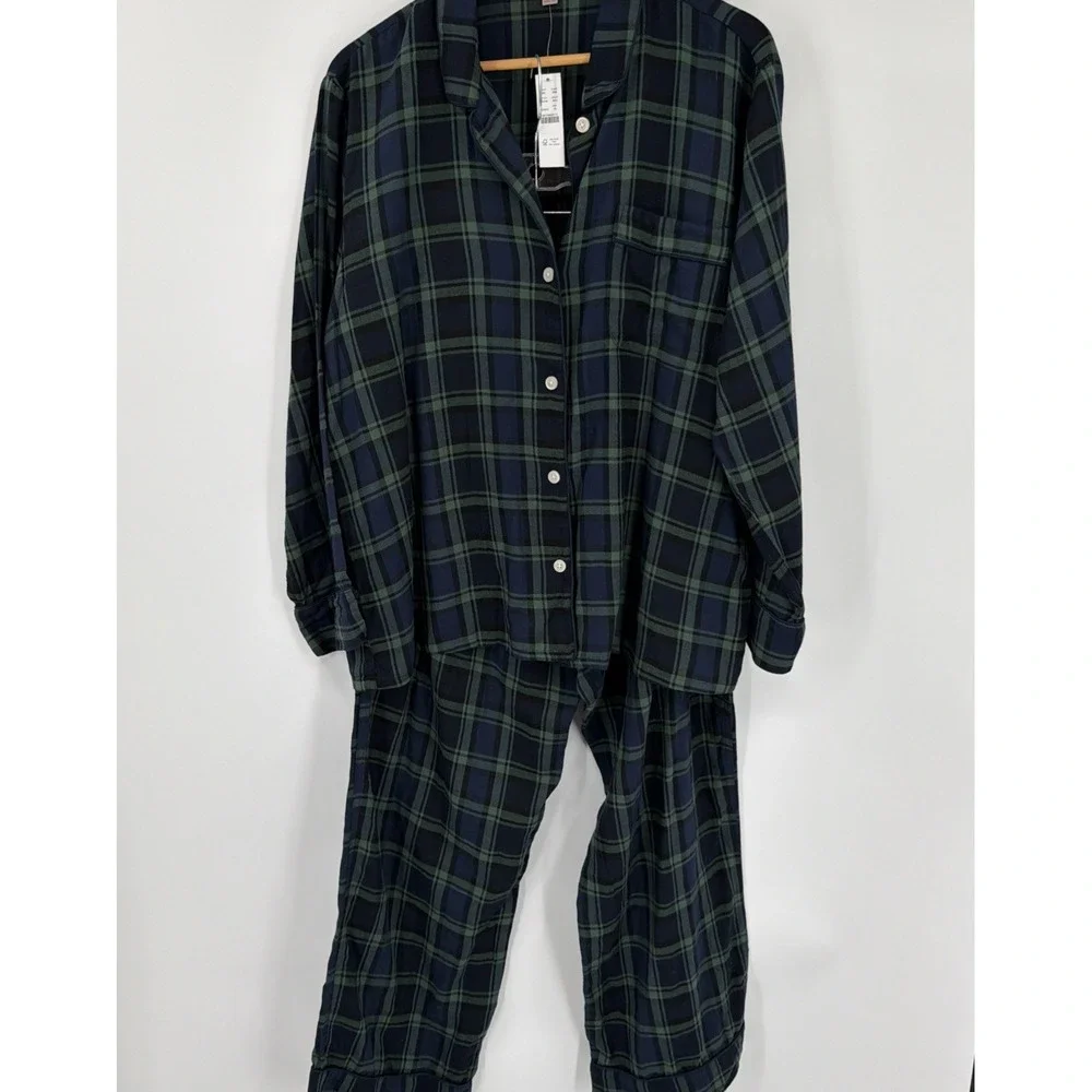 J.Crew $118 Flannel Sz XL Tartan Black watch Plaid Navy Green pajama Set NWT